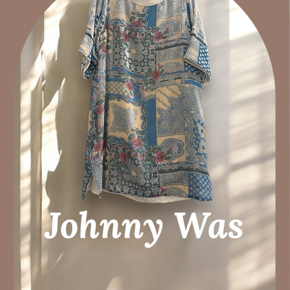 $290 Johnny Was Blue and Tan floral Patchwork burned velour silk  Tunic Dress S - Picture 3 of 13